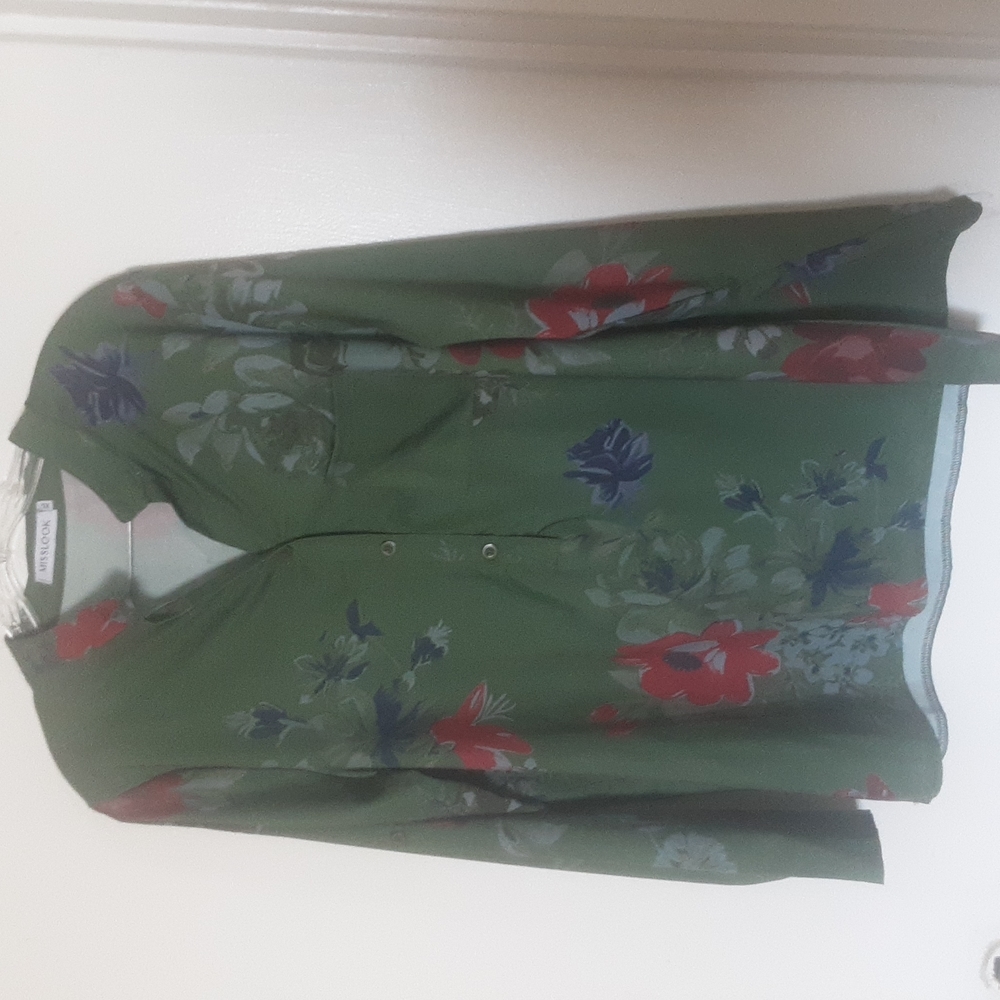 #0080 - MISSLOOK Olive Green Floral Button-Front Blouse with Red & Blue Accents